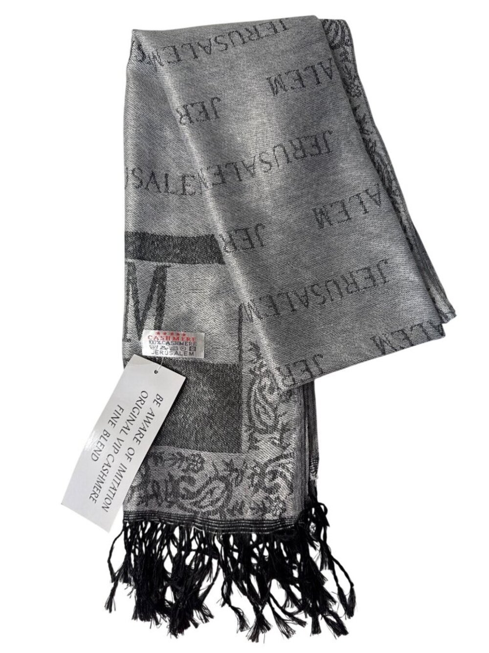 Jerusalem Cashmere Scarf With Fringe 100% Cashmere Gray & Black Lightweight Wrap